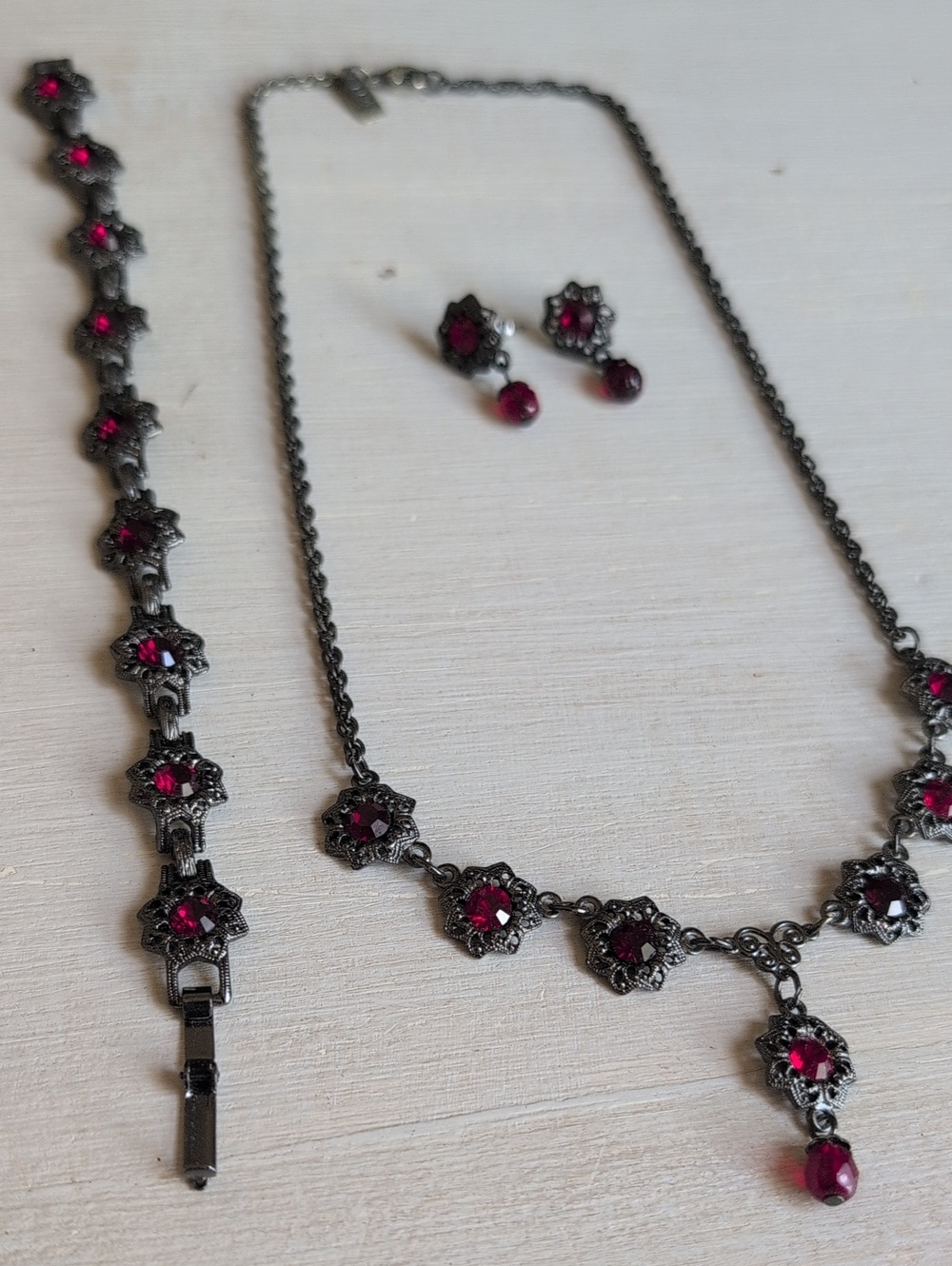 Vintage 1928 Brandy Gunmetal Necklace & Bracelet Set with Red Stones